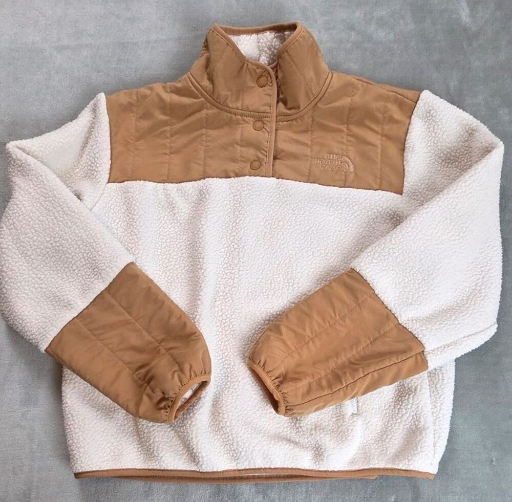 The North Face Cragmont Fleece Womens Medium 1/4 Snap White and Tan zip pockets